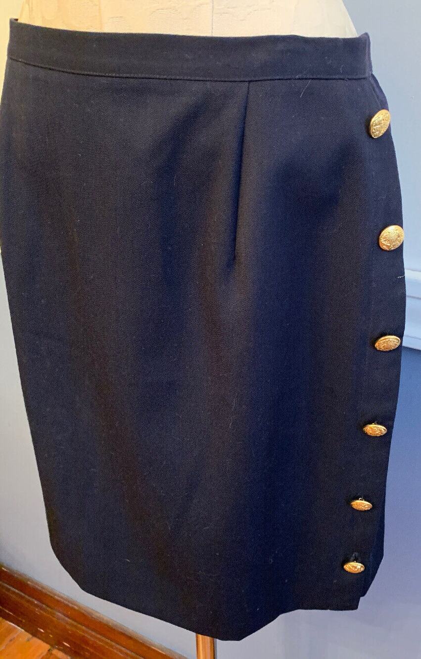 Size 14 Sutton Studio Navy Blue Suit Skirt Brass Color Side Buttons Lined Wool